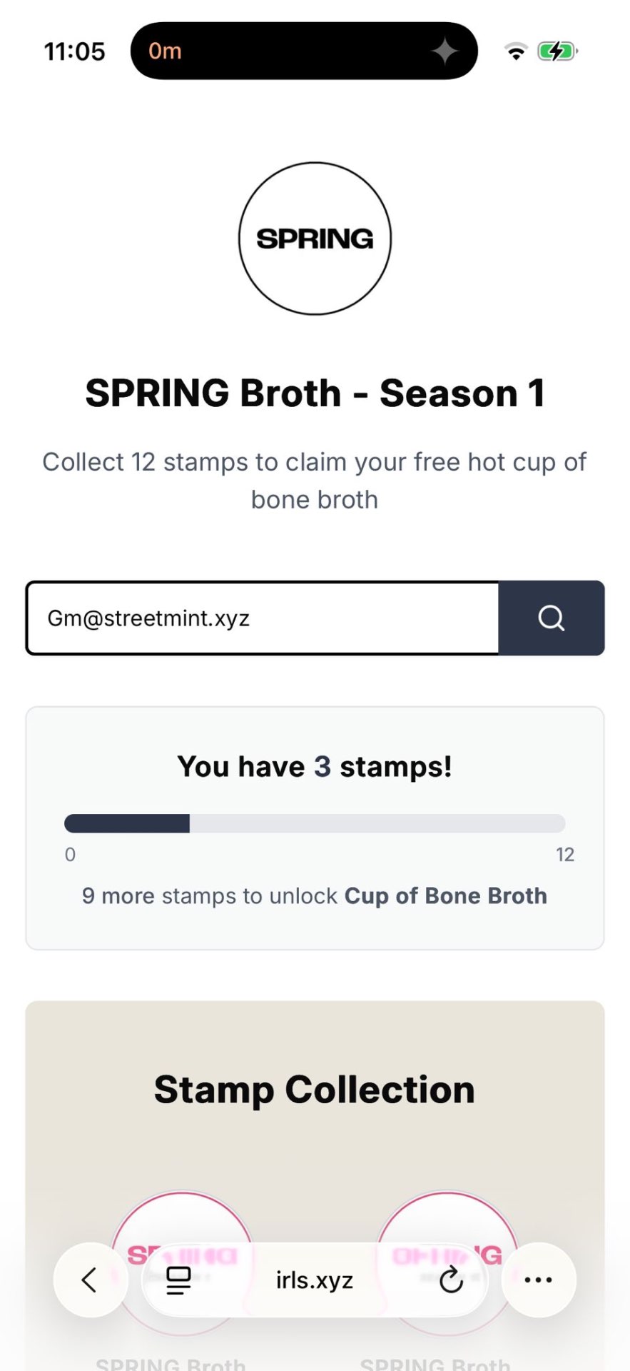 IRLs stamp collection journey showing progress towards a reward