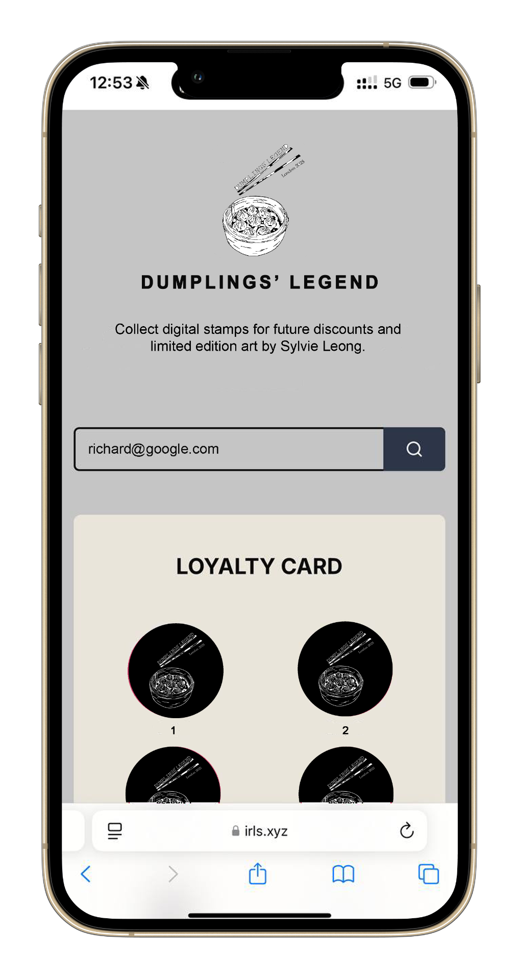 Dumplings Legend loyalty card on mobile