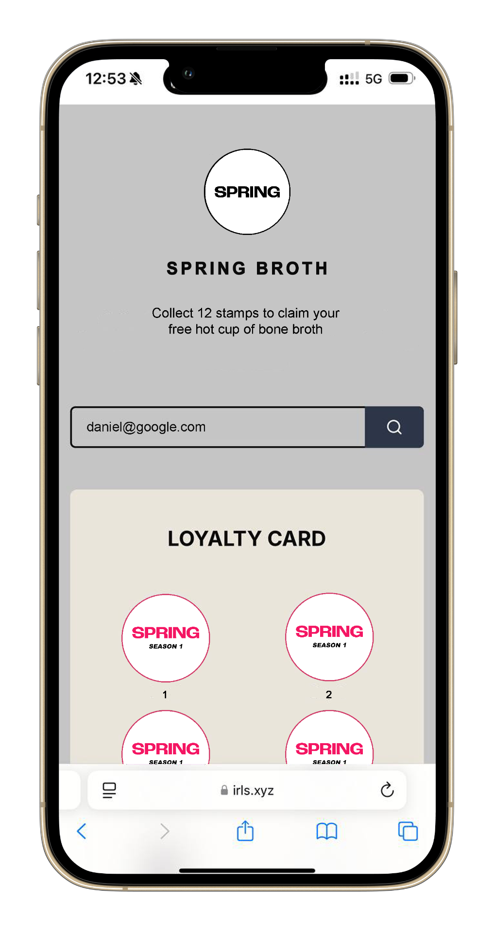Spring Broth loyalty stamp book on mobile